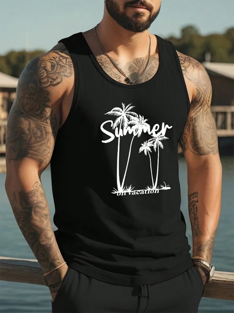 

3D Coconut Tree Print Men's Tank Top Summer Outdoor Run Fitness Sports Tees Casual O-neck Loose Sleeveless Shirt Gym T-shirt Man