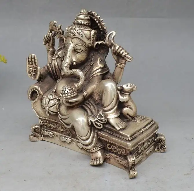 

Copper Statue 6" lucky Chinese Tibet Silver 4 Arms Ganesh Elephant Mammon Buddha Mouse Statue