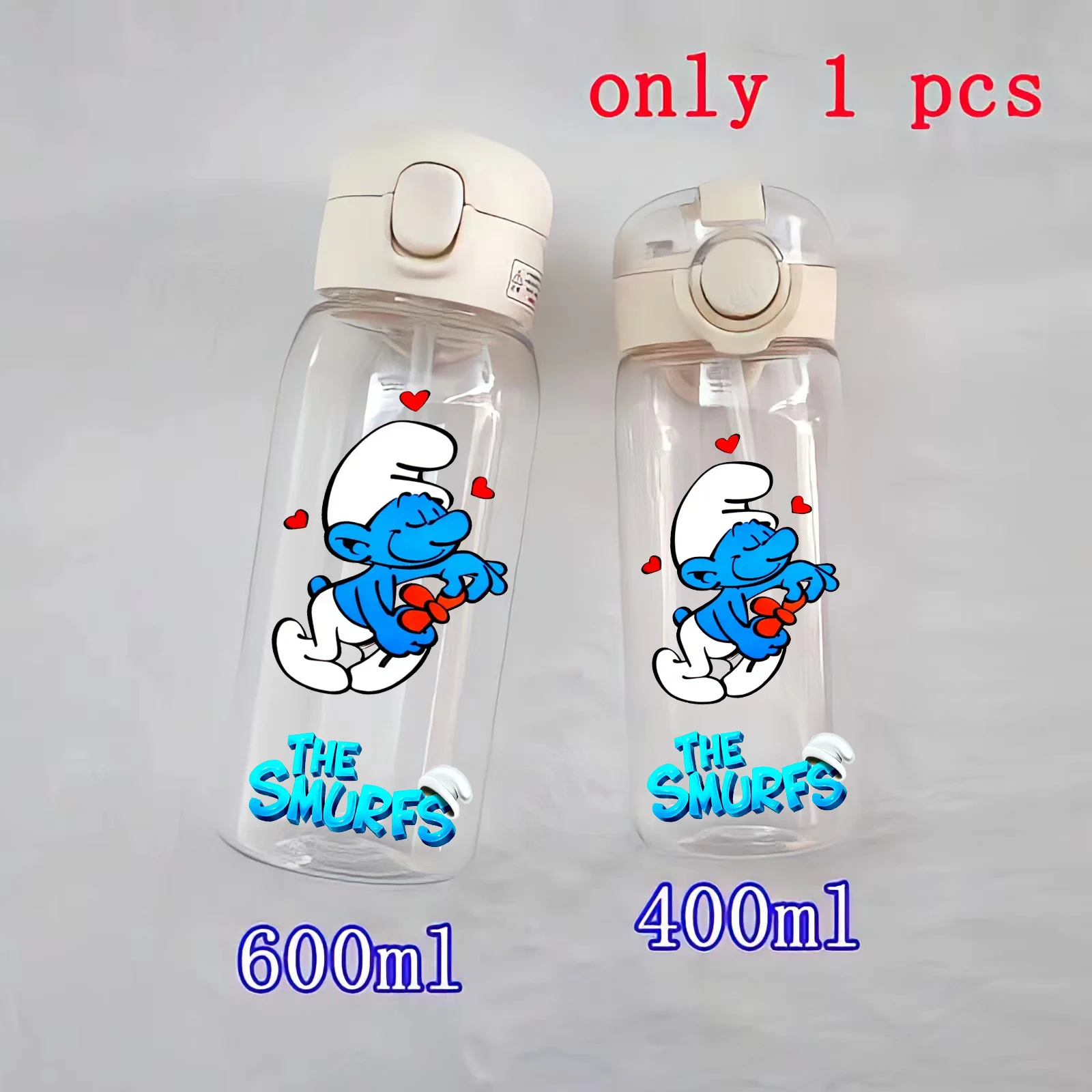 The Smurf 400/600ML Portable Sports Bottle PC Straw Cup Outdoor Camping Fitness Large Capacity Children Water Bottle Smurf Gift