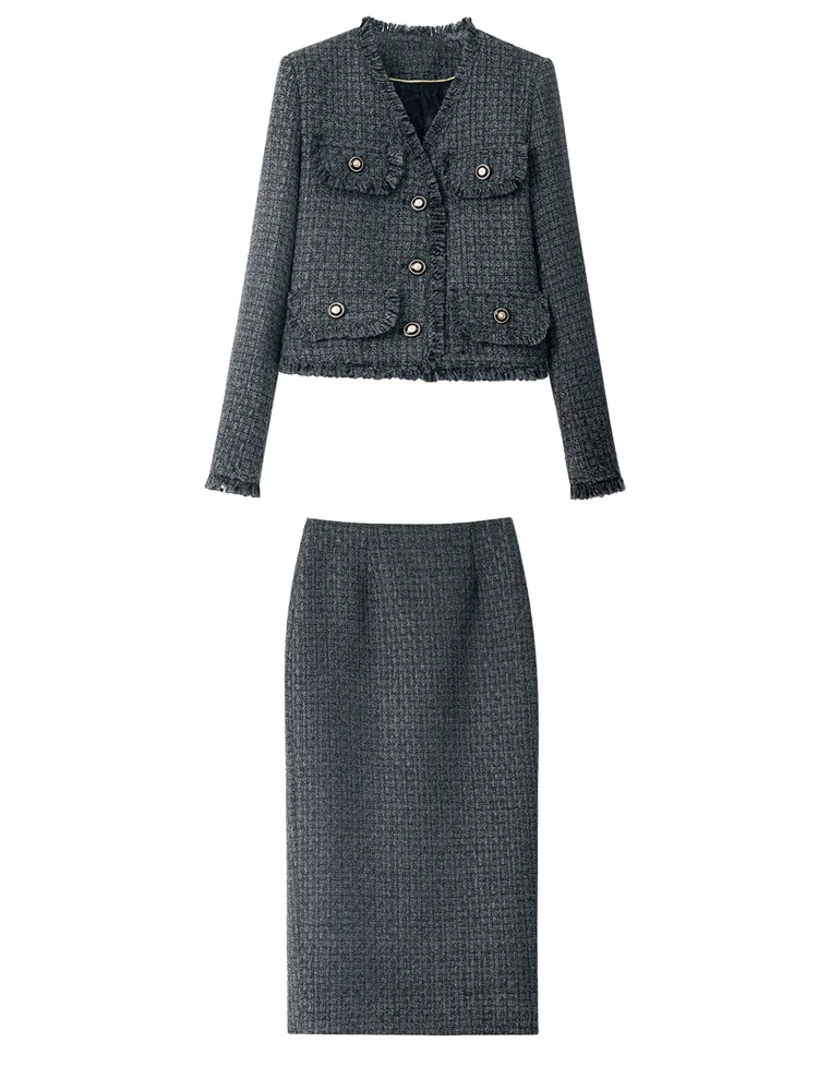 

Retro V-Neck Single-Breasted Jacket And Slim Skirt Suit Set for Women Fashionable Elegant Celebrity Temperament