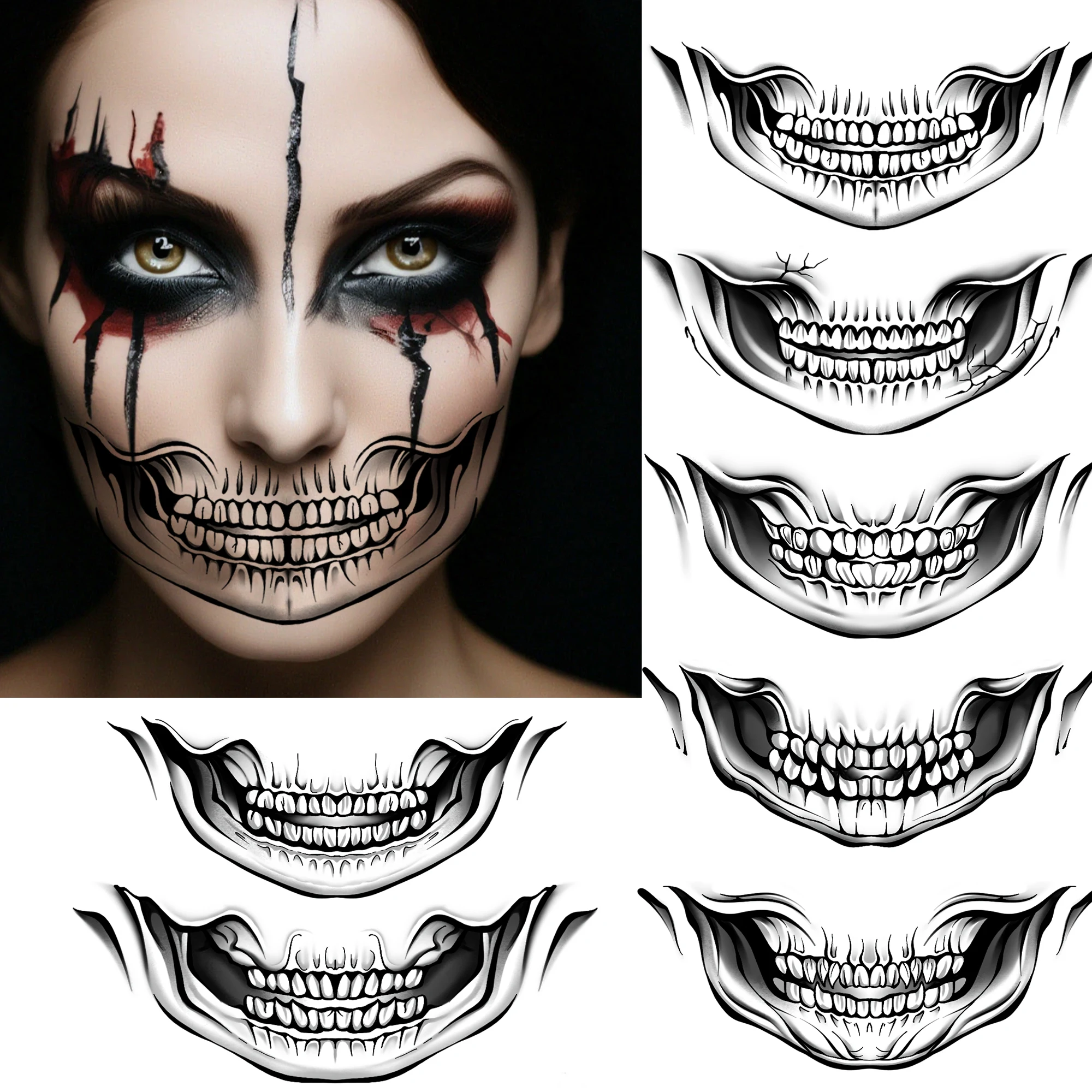 7 Sheets Halloween Scary Face Spider Stitch MouthTemporary Tattoo Vampire Makeup Stickers, Realistic Waterproof Temp Fake Tatoos
