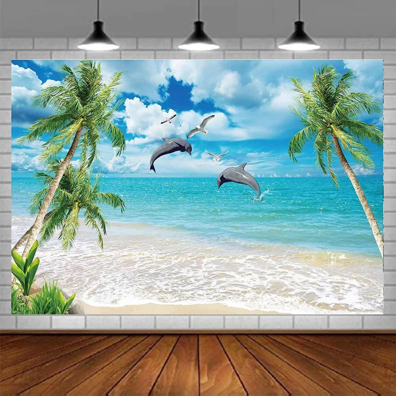 Summer Tropical Beach Photography Backdrop Hawaii Dolphin Seaside Scene Island Palm Blue Sea Sky Background Decor Party
