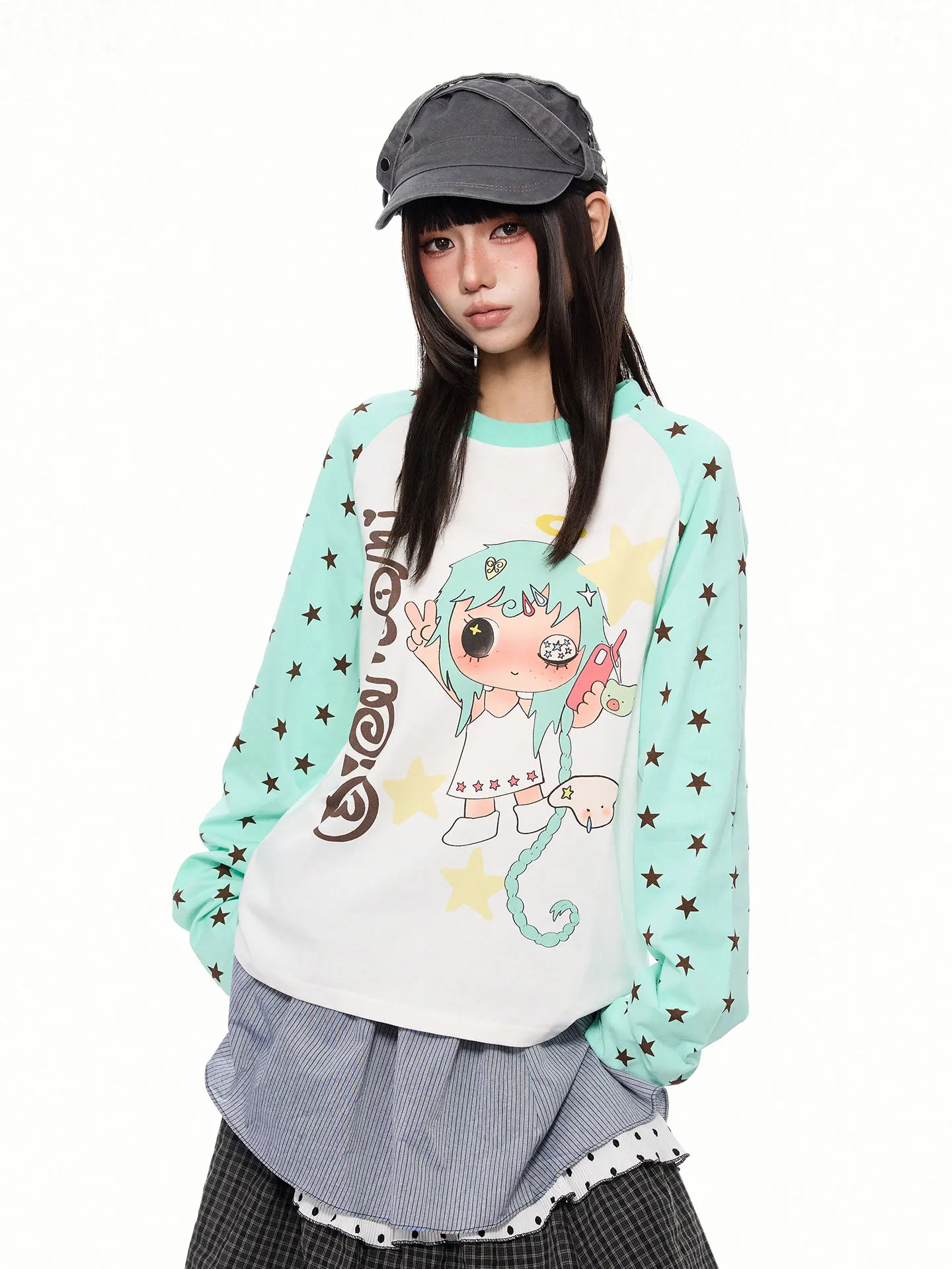 Macaron Colored Long Sleeve T-Shirt Women's Youthful Star Print Casual Top K787 Subculture Fashion Autumn Wear Cotton round Neck
