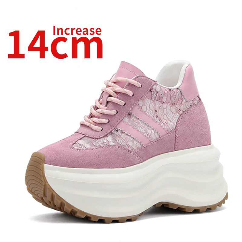 Invisible Inner Heightening Shoes for Women Summer Comfortable Breathable New Increase 14cm Pink Casual Thick Bottom Dad\'s Shoes