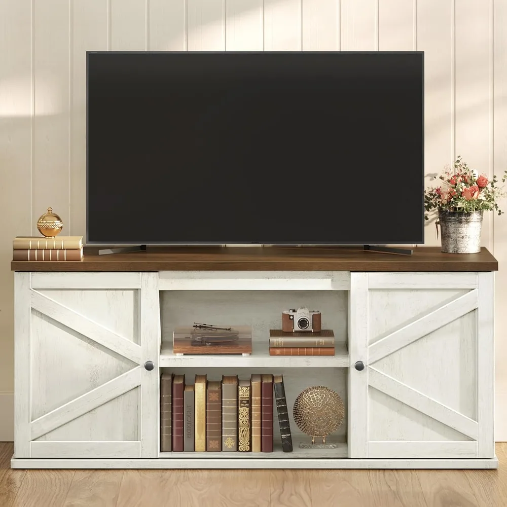 

Farmhouse TV Stand for TVs up to 65 Inches, Entertainment Center with Storage Cabinets and Sliding Barn Doors, Media Con