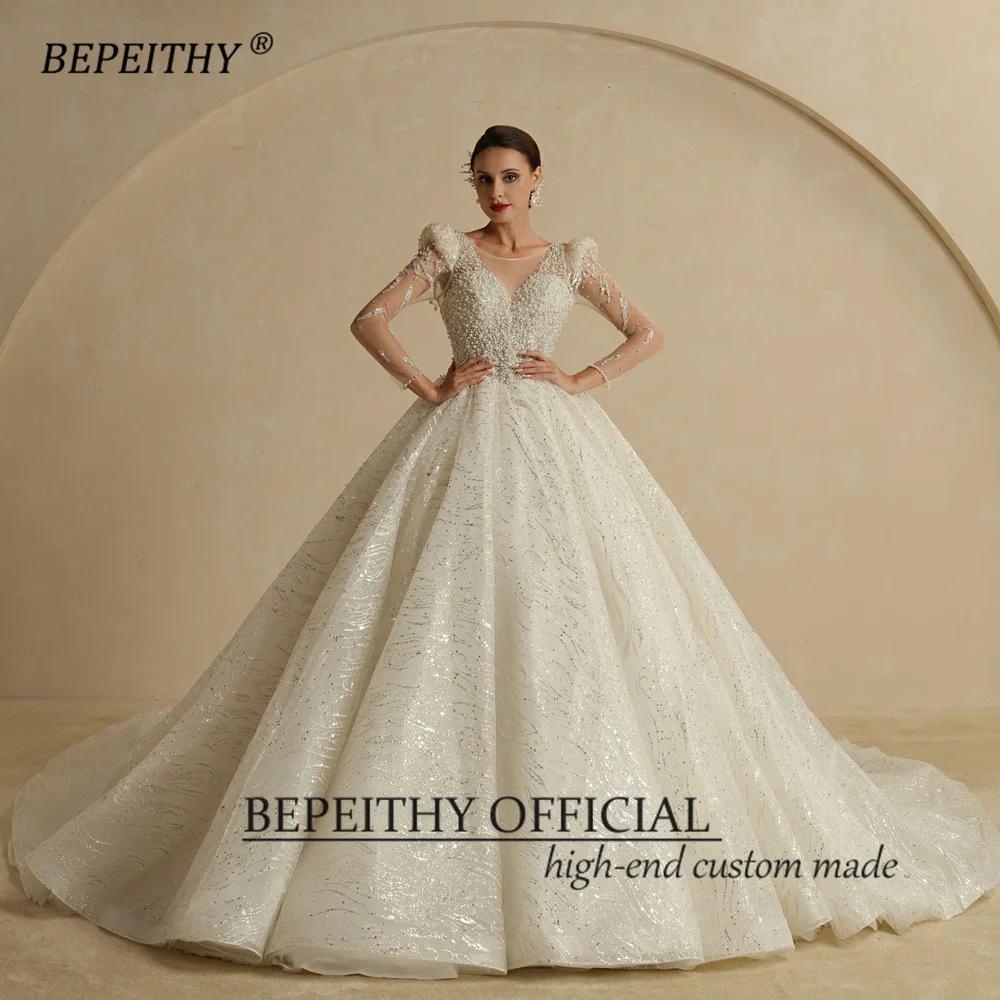 BEPEITHY Luxus Shinny Prinzessin Hochzeit Kleider Für Frauen 2022 Volle Ärmeln Scoop Perlen Vintage Ball Brautkleid Kapelle Zug