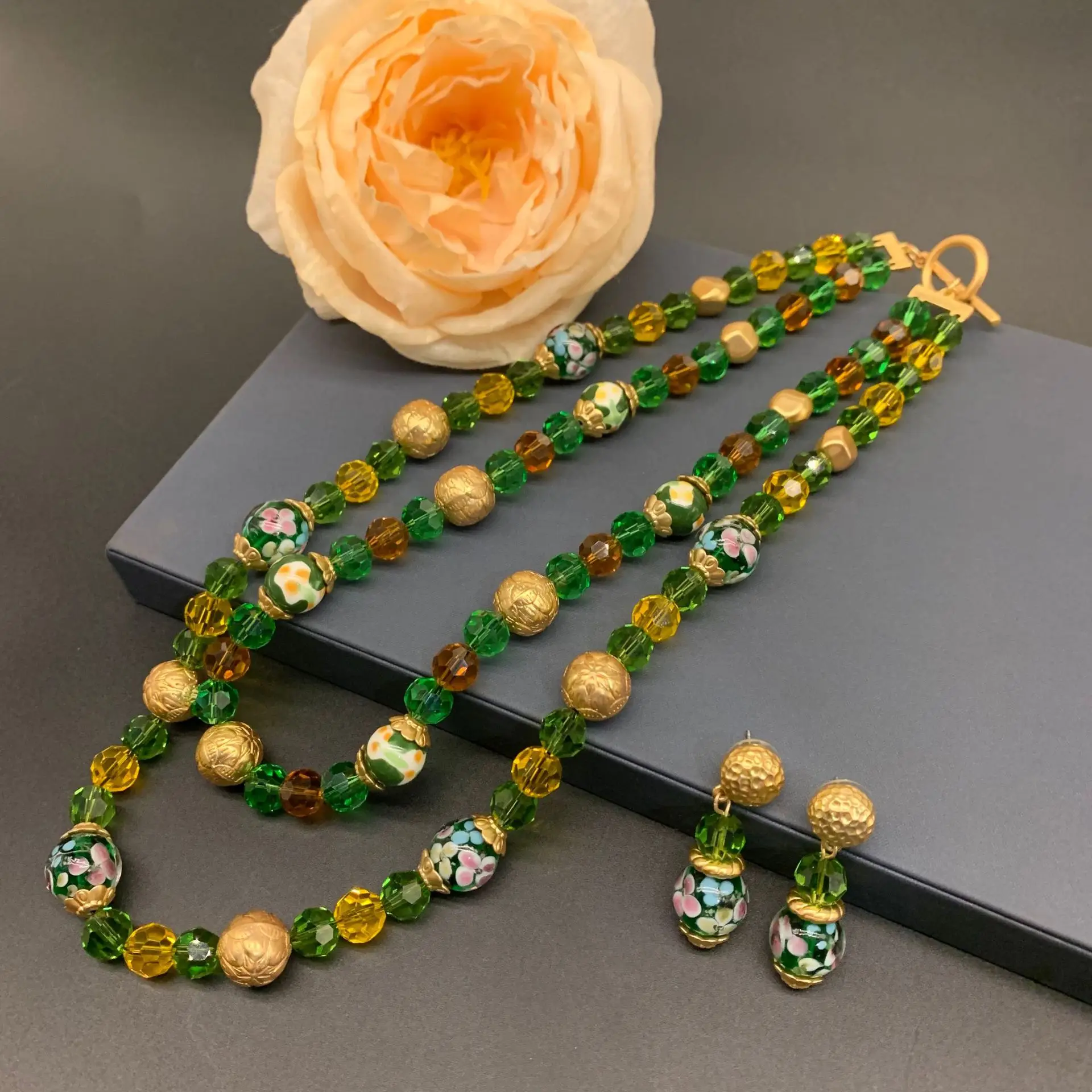 Vintage Style Green Glass Beads Double Layer Necklace Earrings Retro Jewelry Set  For Women Party Gift