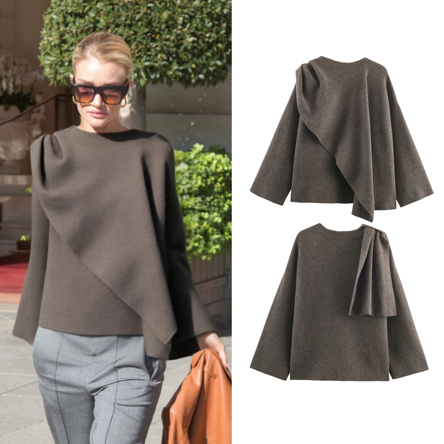 

Женский повседневный вязаный плащ-пуловер оверсайз для весны и осени, асимметричный, элегантный, шикарный, с воротником-шарфом