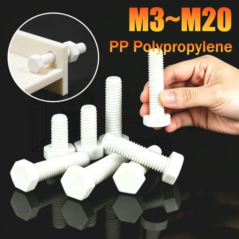 DIN933 M3 M4 M5 M6 M8 M10 M12 M14 M16 M20 White PP(Polypropylene) External Hex Head Screw Plastic Insulated Hexagon Bolts