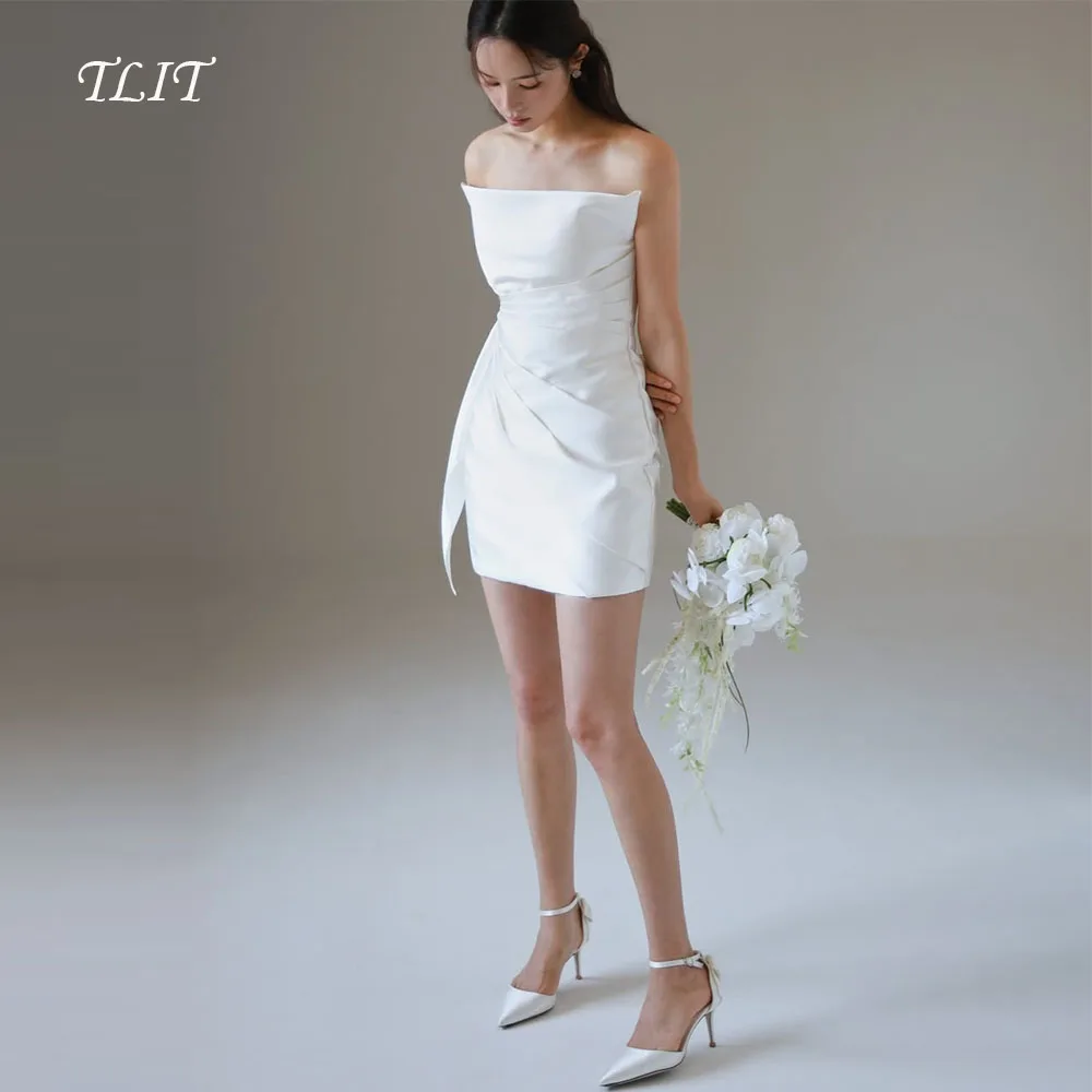 

TLIT Elegant White Silk Satin Short Mermaid Wedding Dresses웨딩드레스Customized Strapless Korea Wedding Dresses Photo Shoot