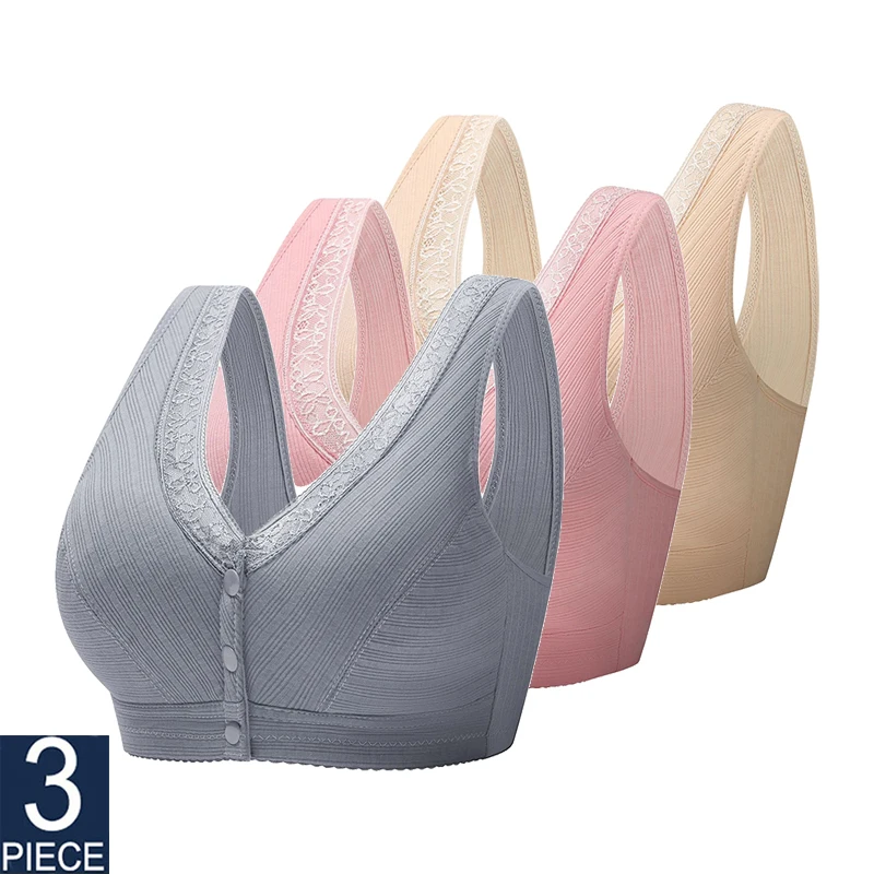 3PCS New Middle Aged Women Bra Front Button Bras Front Opening Button Wireless Sleep Bra Women Active Bra Seamless Underwear