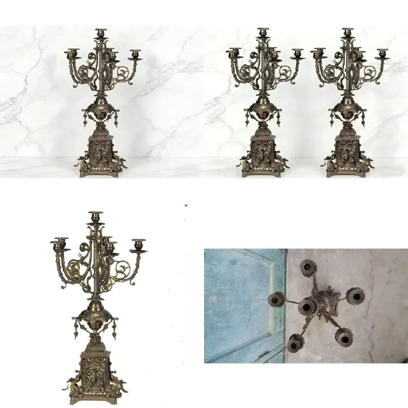 European Classic Copper Candlestick Set 7 Arms with Religious Emblem