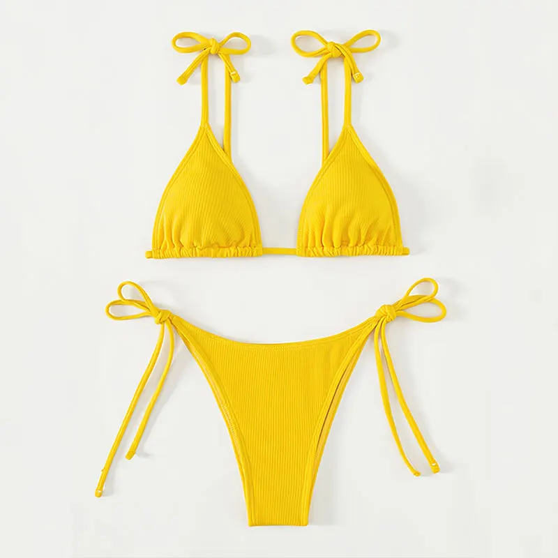 Baju renang wanita mode musim panas Bikini cangkir segitiga bertali warna kuning Solid seksi baju renang pantai punggung terbuka