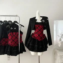 Winter Y2k Sexy Elegant 2 Piece Sets Woman Chic Short Coat + Plaid Fluffy Vintage Dress Female Korean Fashion Retro Suits 2025