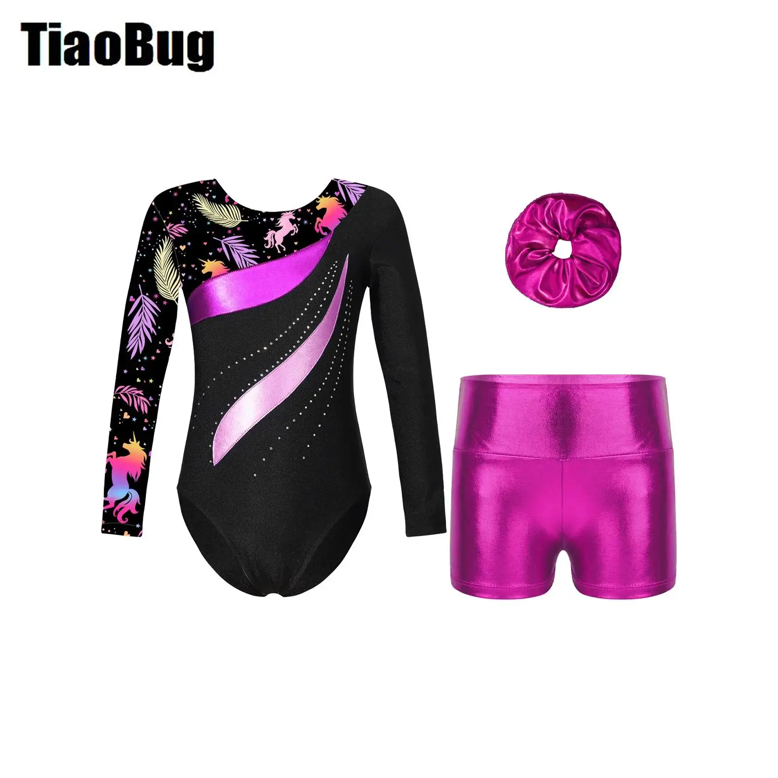 

Kids Girls Printed Ballet Set Patchwork Leotard with Metallic High Waist Shorts And Hair Tie Headwear for Gymnastics Skating