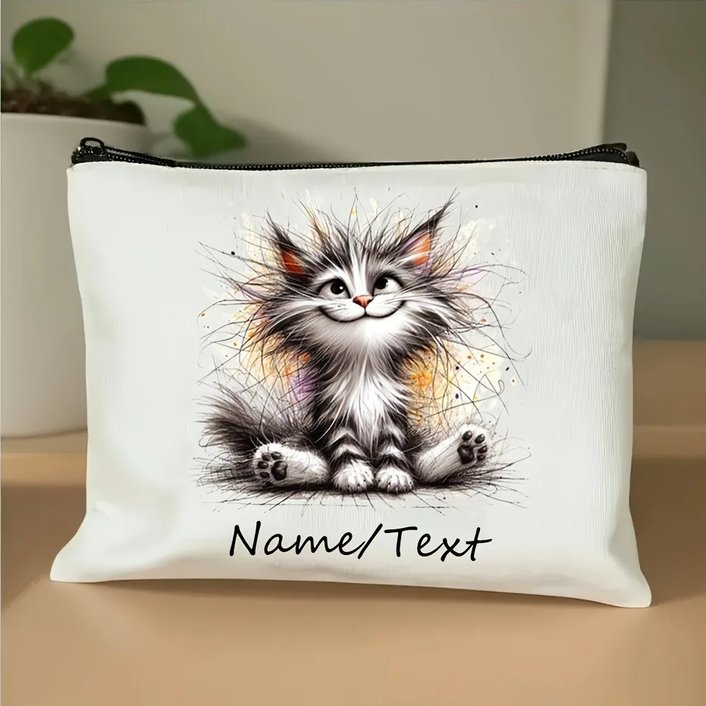 Chic Custom Name/Text Vintage Black Cat Makeup Bag Cute Fluffy Cat Floral Design Handbag Cosmetic Pouch Coin Purse Storage Bags