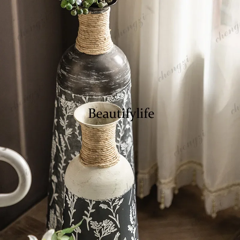 A4567Living Room Hotel Entrance Decorative Ornament Homestay Illustration Round Bottle Wrought Iron Printing Retro Floor Vase