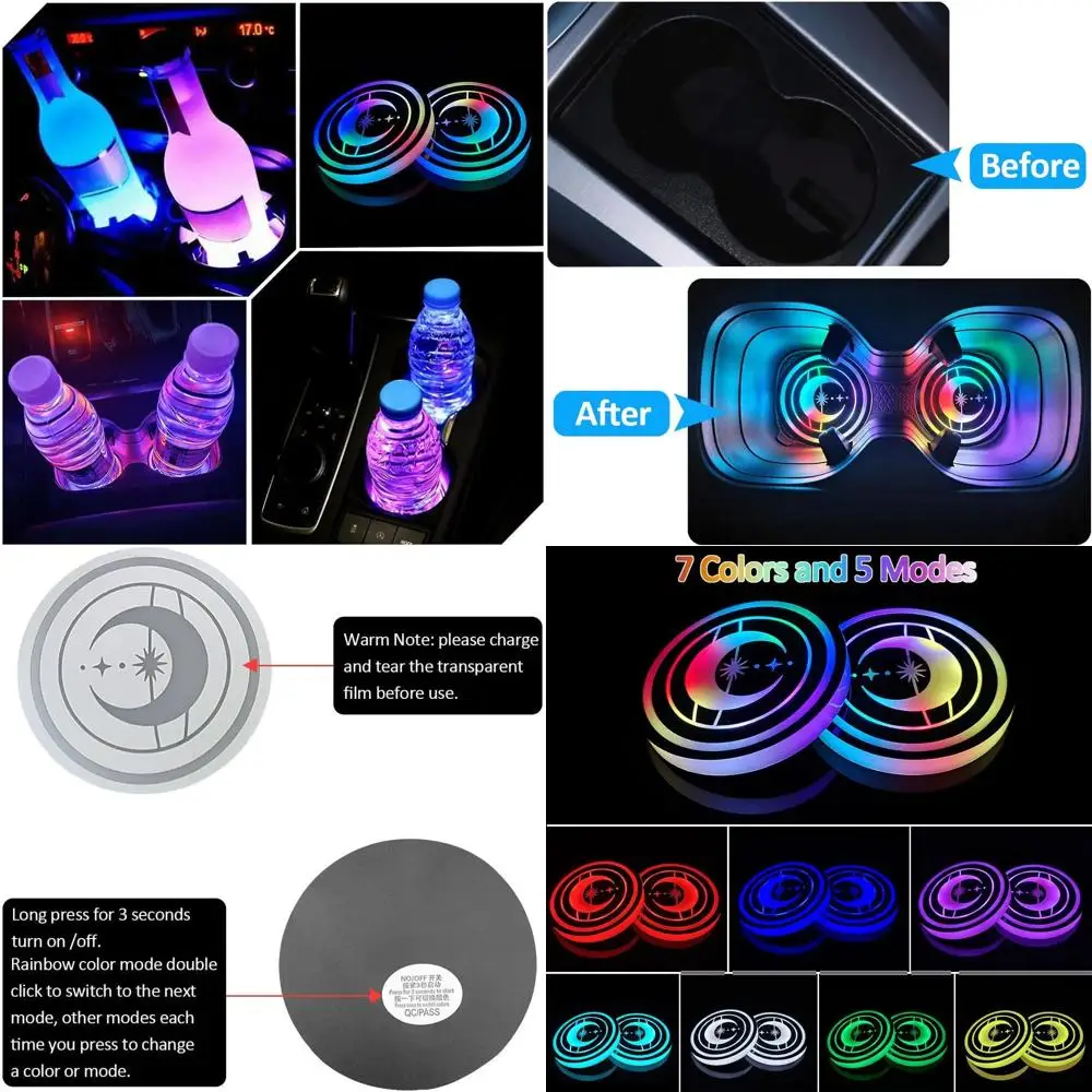 

2 шт. светодиодные подстаканники для автомобиля, 7 цветов, зарядка через USB, подстаканник, вставки, светодиодные автомобильные подставки, люминесцентная чашка Pa