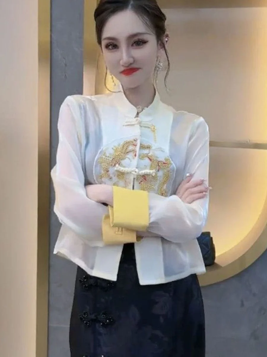 chinese-style-embroidered-dragon-pattern-sun-protection-short-outerwear-women's-stand-collar-button-up-mesh-shirt-summer-new