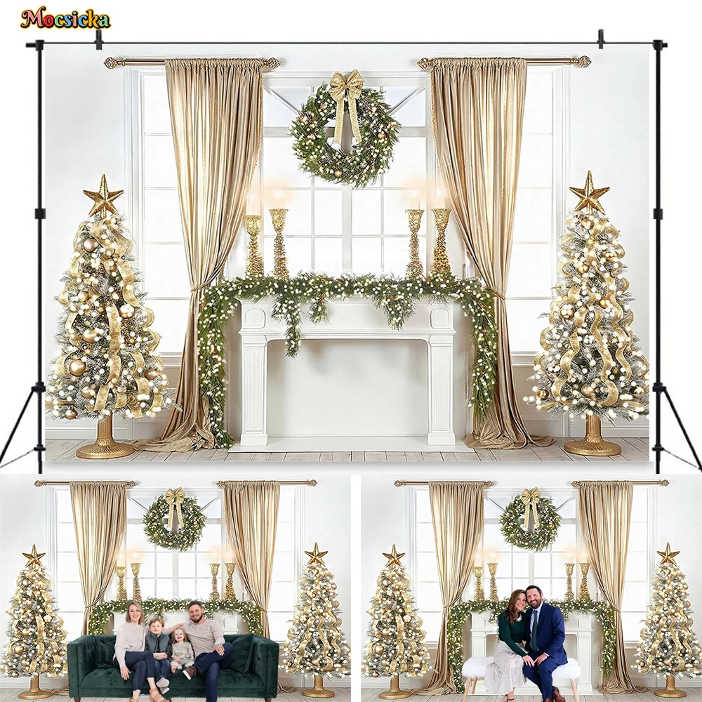 

Mocsicka Christmas Room Background Fireplace Xmas Tree White Window Gold Curtains Backdrop Decor Kids Family Photo Booth Studio