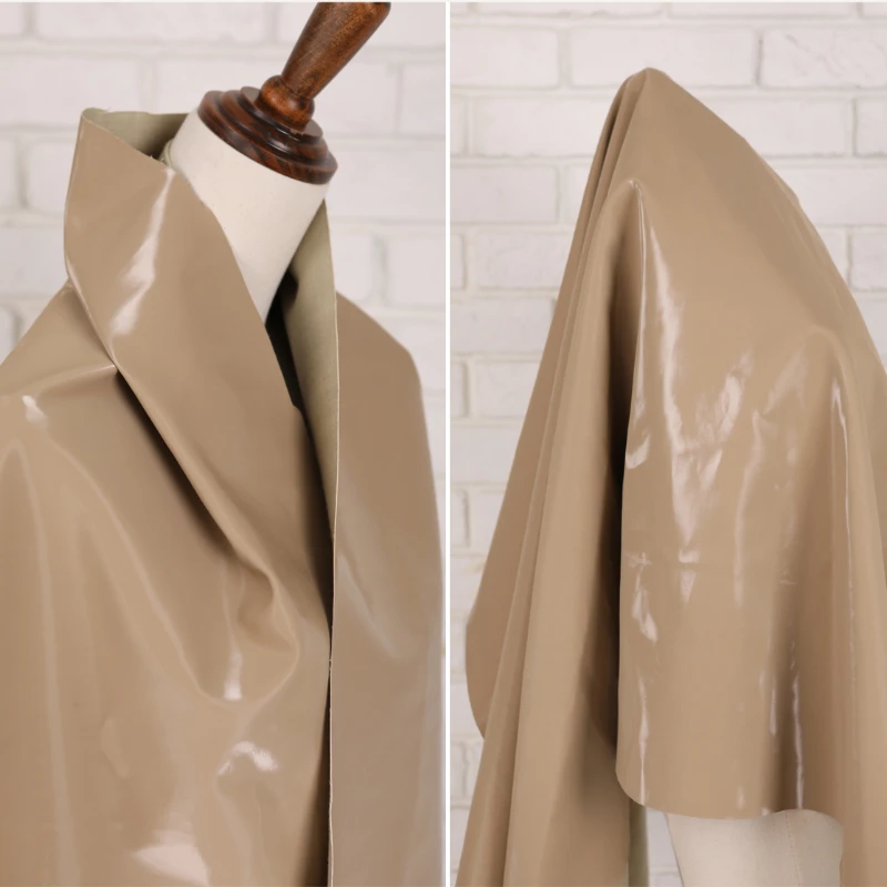 Coated PU Leather Fabric Light Camel Color Shiny Waterproof Jacket Bag Clothing Designer DIY for Sewing Material Wholesale Cloth