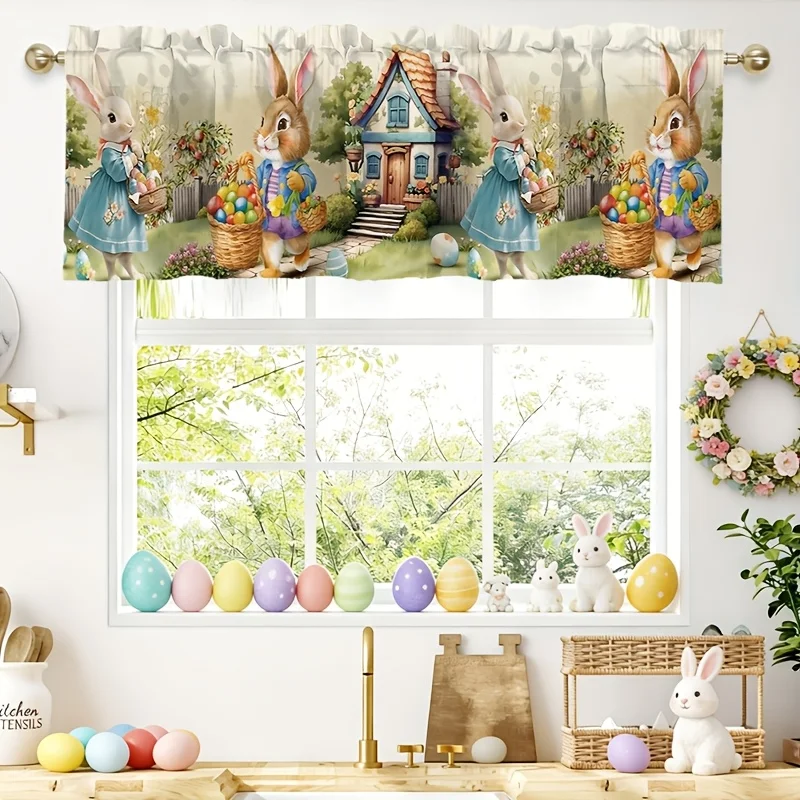 VIKAMA Oster-Küchenvorhang Hasen-Osterei-Stangenvorhang Kurzer Vorhang Schlafzimmer Halbtransparenter Vorhang Heimdekoration