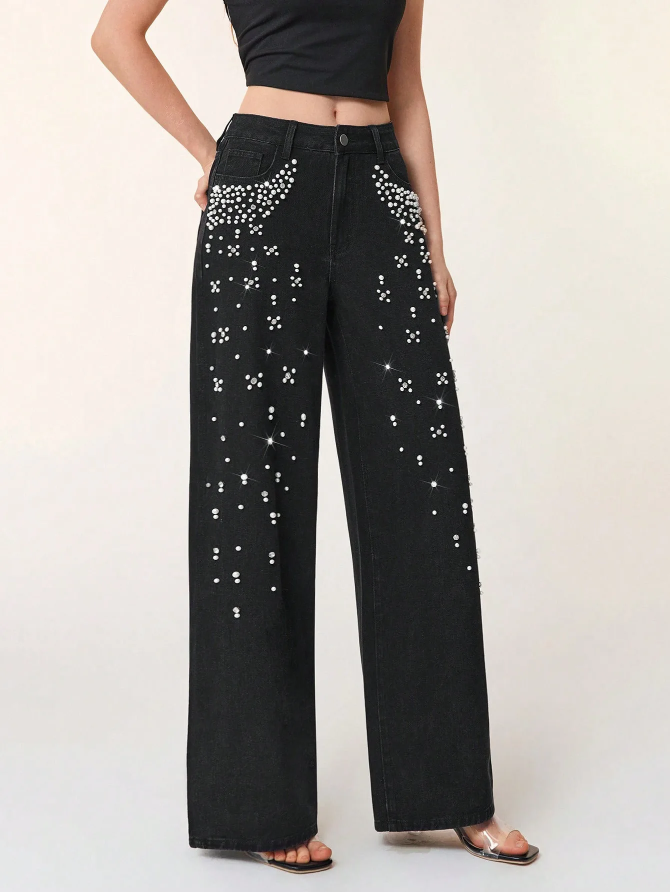 Loose Casual Denim Trousers For Women Autumn Fashion New Commuter High Waist Solid Color Beading Versatile Wide Leg Pants