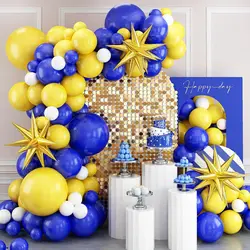 112pcs blue yellow white gold latex balloon arch set for birthdays, weddings, gender reveal, bachelorette party, family reunion