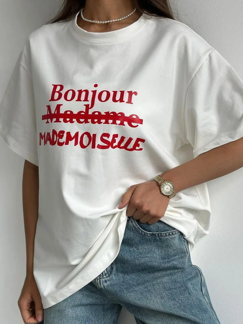 

Casual Summer Tops for Women, Traff Print Tees, Bonjour, Letter Print, 2024