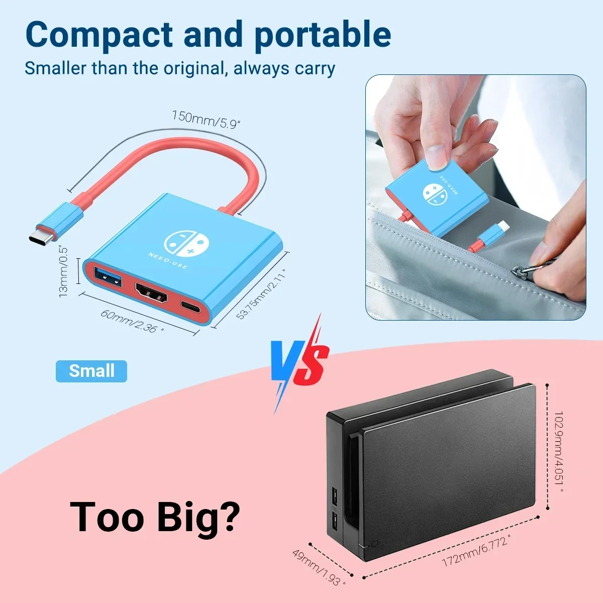 For Switch Dock 4K HDMI USB 3.0 Hub Adapter  USB C Splitter TV Portable Docking Station for Nintendo Laptops PC iPad MacBook Air