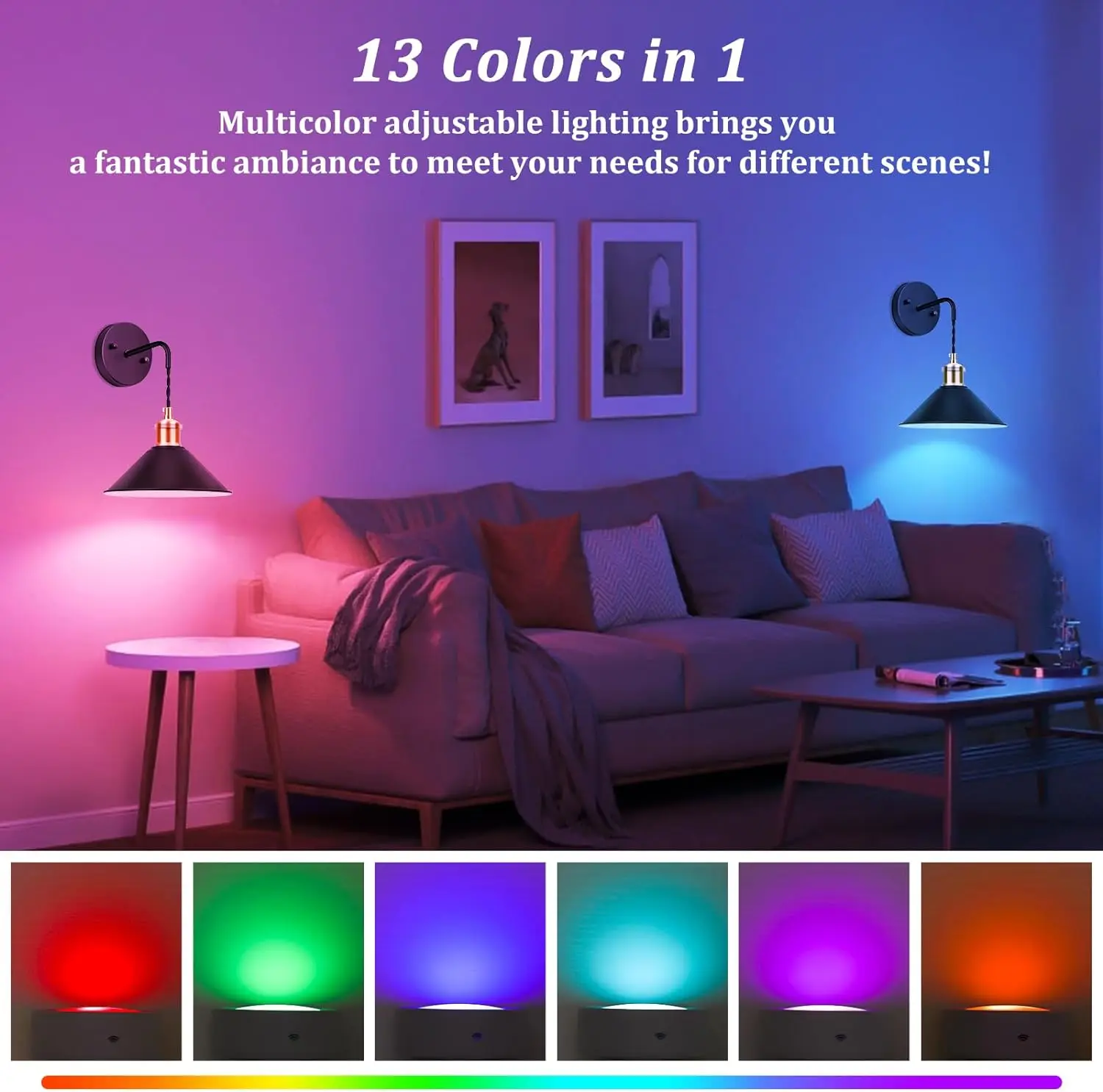 Set of 2, Dimmable Wireless Sconces Wall Lighting Indoor, RGB 13 Colors Battery Powered， Wall Lamp Fixture with Remote Control
