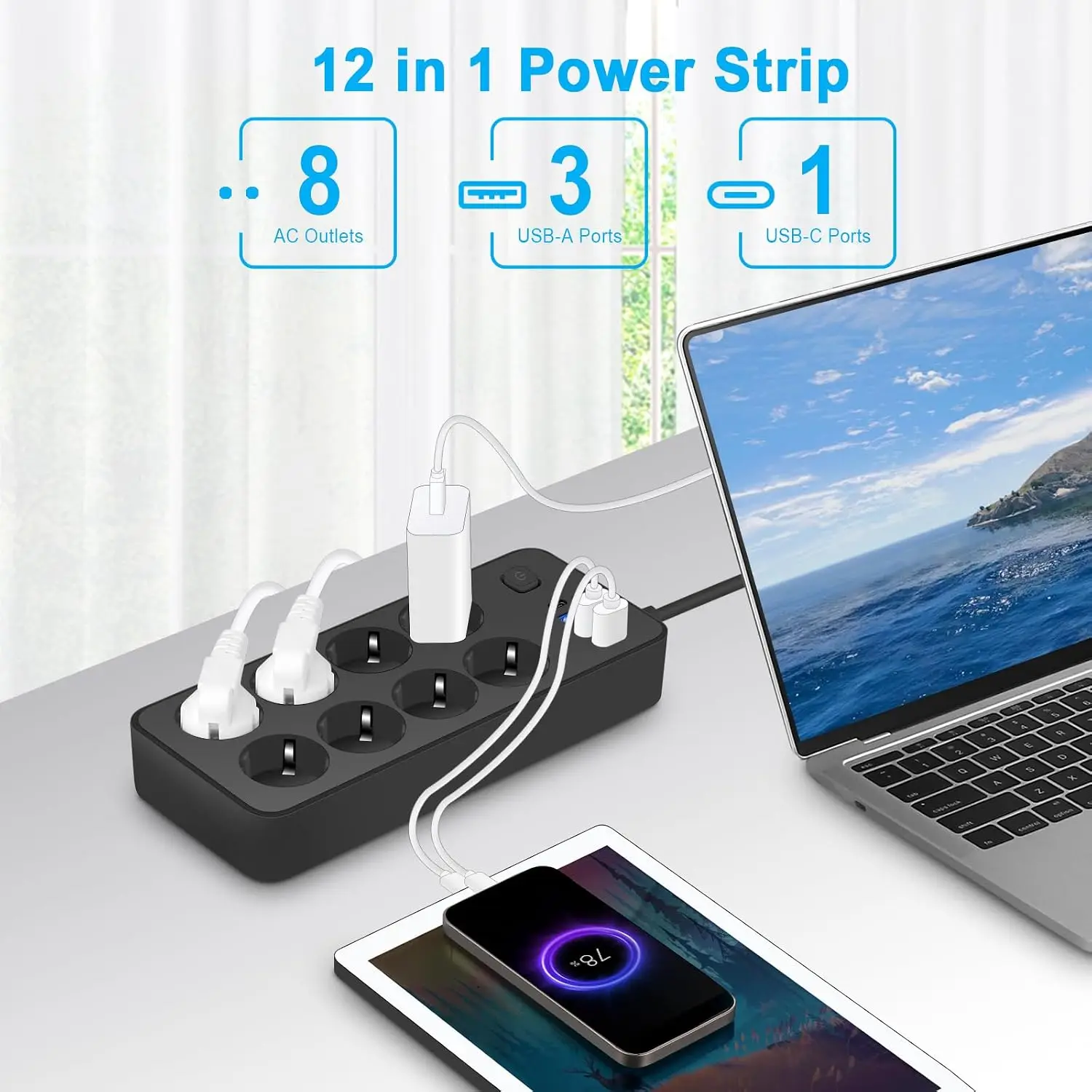 12 Sockets Power Strip with 2 USB C Ports, 4 USB A Port (5V2.4A) Surge Arrester and Surge Protector with Switch Cord 1.8 m