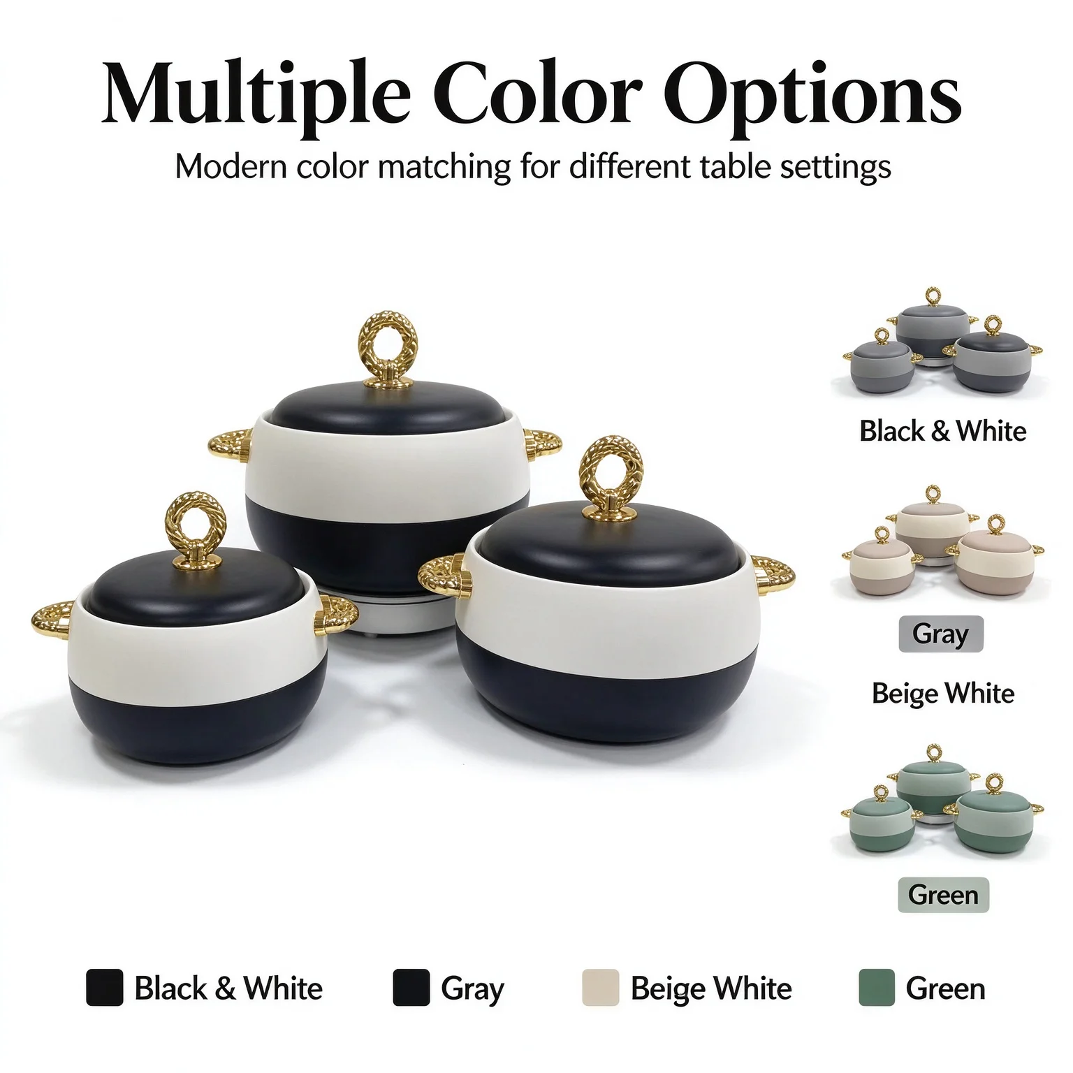 3PCS Food Warmer Set 1L 2L 3.5L Insulated Lunch Box Containers with Golden Handle Storage Bottles Jars