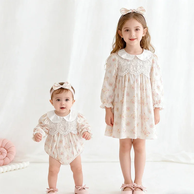 2025 New Autumn Sister Dress 2-7Yrs Girl Party Dress Baby Girl Romper Long Sleeved Cotton Print Kids Princess Dresses