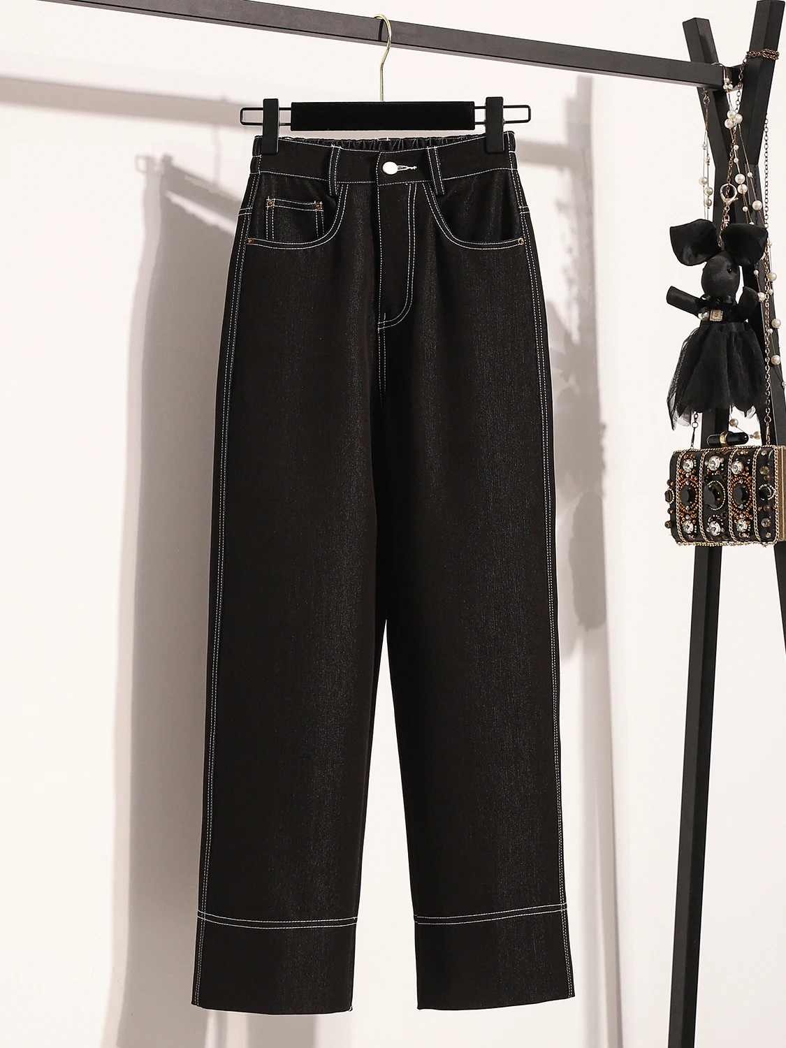 

Прямые джинсы больших размеров, повседневные эластичные джинсовые женские весенне-летние универсальные длинные брюки для похудения с высокой талией, девяти предметов