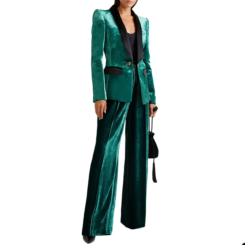 Trajes de pantalón de terciopelo verde brillante para mujer, ropa de boda de ocio Sexy, pantalones formales, chaleco, chaqueta, Blazer, traje femenino