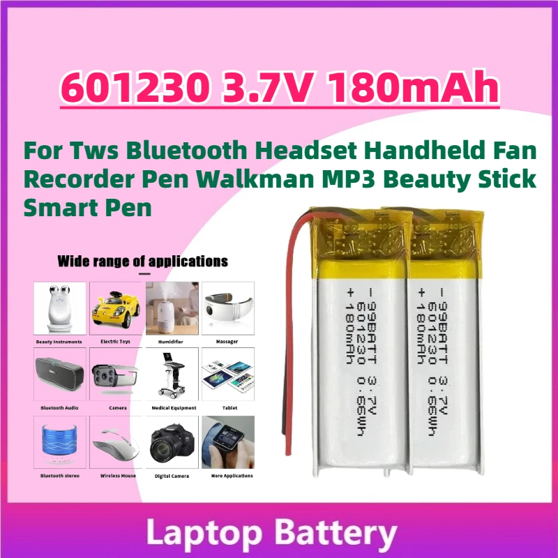 

New 601230 3.7V 180mAh Li-po Battery for Tws Bluetooth Headset Handheld Fan Recorder Pen Walkman MP3 Beauty Stick Smart Pen