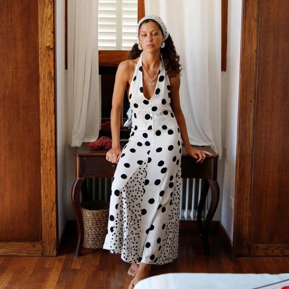 

Vintage Polka Dot Print Backless Long Dress Women Vacation Maxi Dress Fashion Deep V Neck Halter Tie Up Dress Summer Streetwear