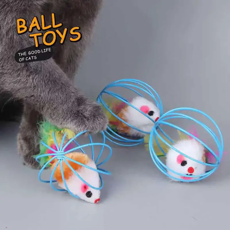 5pcs Cat Toy Colorful Mouse in Cage Kitten Toy Interactive Chase Cat Mouse Toy Cage Mouse Tumbler Ball Fun Cat Stick