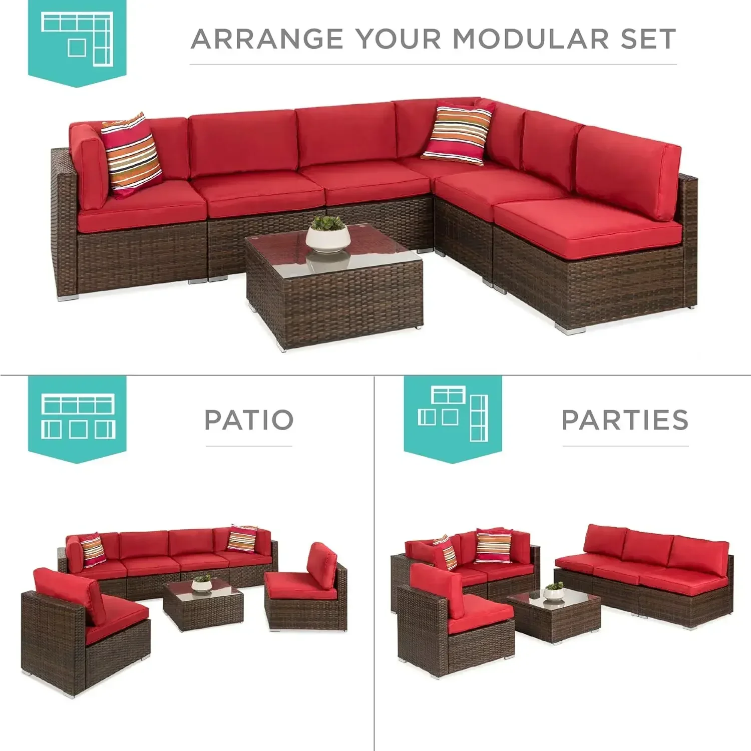 7-Piece Modular Outdoor Sectional Wicker Patio Conversation Set w/ 2 Pillows, Coffee Table, Cover Included - Brown/Red