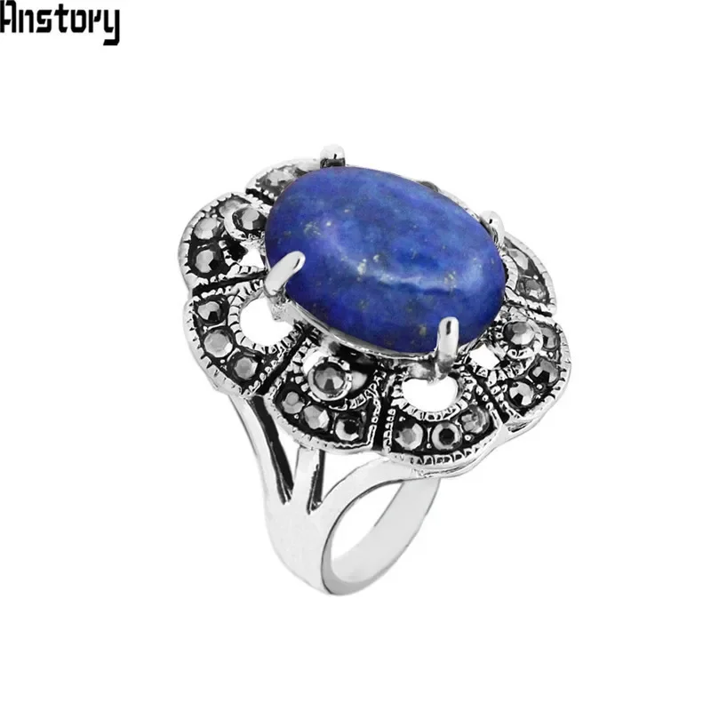 Oval Natural Lapis Lazuli Rings For Women Plum Flower Rhinestone Vintage Look Antique Silver Plated Fashion Jewelry TR687