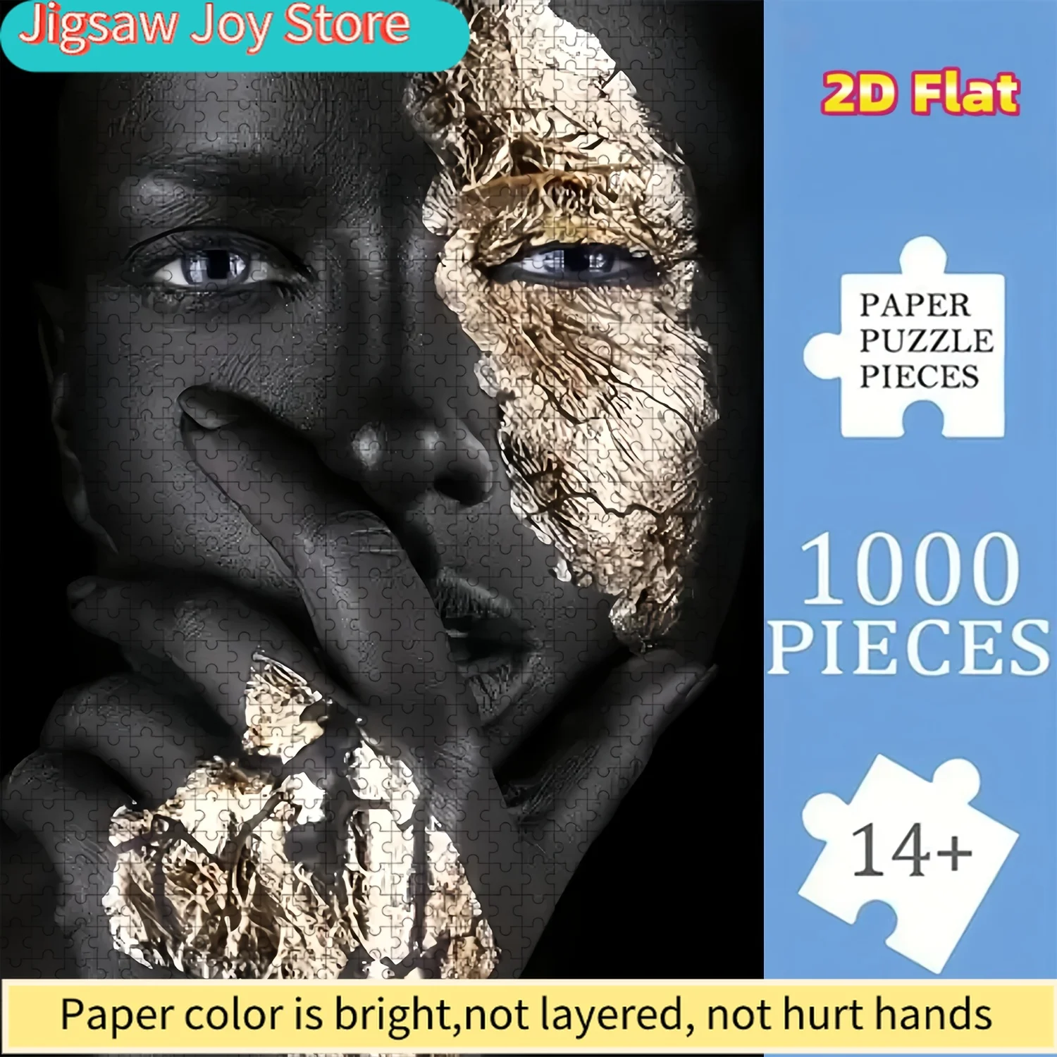 

A 2D Flat Puzzle Designed for, Featuring an African American Woman with a Golden Leaf Pattern. This Jigsaw Puzzle Offers a Ch