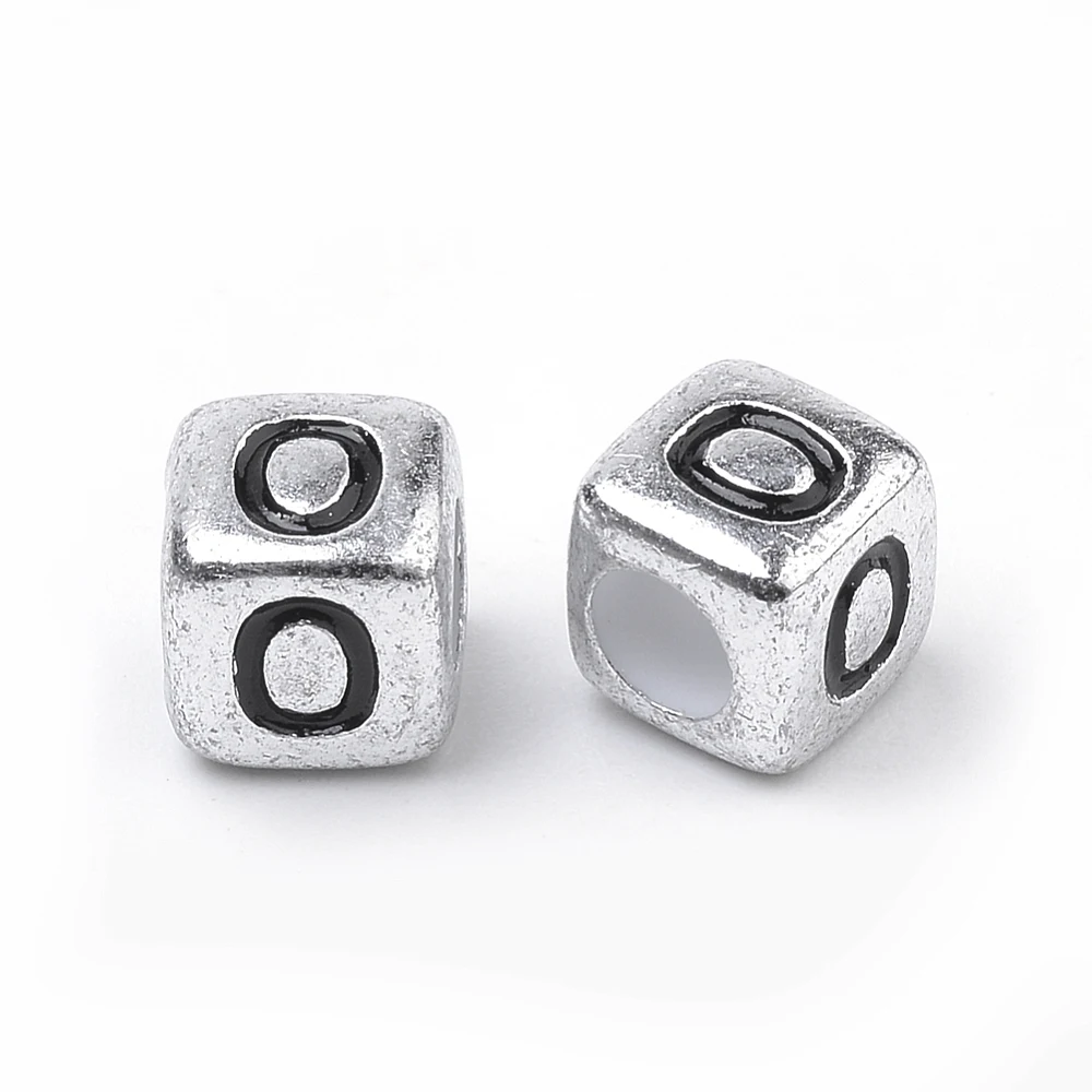 500g Plated Acrylic Beads Horizontal Hole Cube with Letter Antique Silver Letter.O 6mm Hole: 3mm about 3000pcs/500g