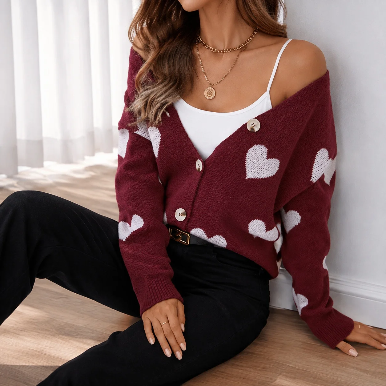 Loose Fit V Neck Sweater Regular Length Sweet with Open Front Fresh and Sweet Long Sleeve Single Breasted Cardigan for Women