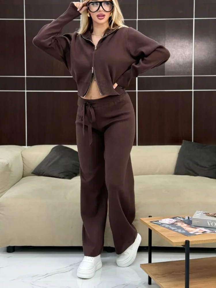 

New Autumn Winter Zip Up Knit Set Trendy Slim Fit Cardigan Pants Chic Commuting Sweater Outfit two piece sets womens outifits