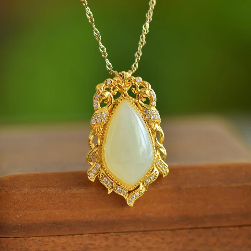 

With Certificate New Chinese Ancient Style Hanfu Qipao Phoenix Jade Pendant 925 Sterling Silver Inlaid Water Drop Hetian J