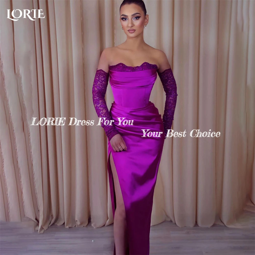 LORIE Sexy Lace Mermaid Evening Dresses Off Shoulder Long Sleeves Shiny Satin Prom Dress High Side Slit Pleats Bride Party Gowns