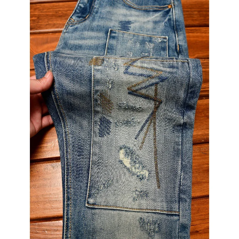 Broken hole jeans for men, retro trend splicing, street nostalgia, personality, handsome, slim fit, small leg pants