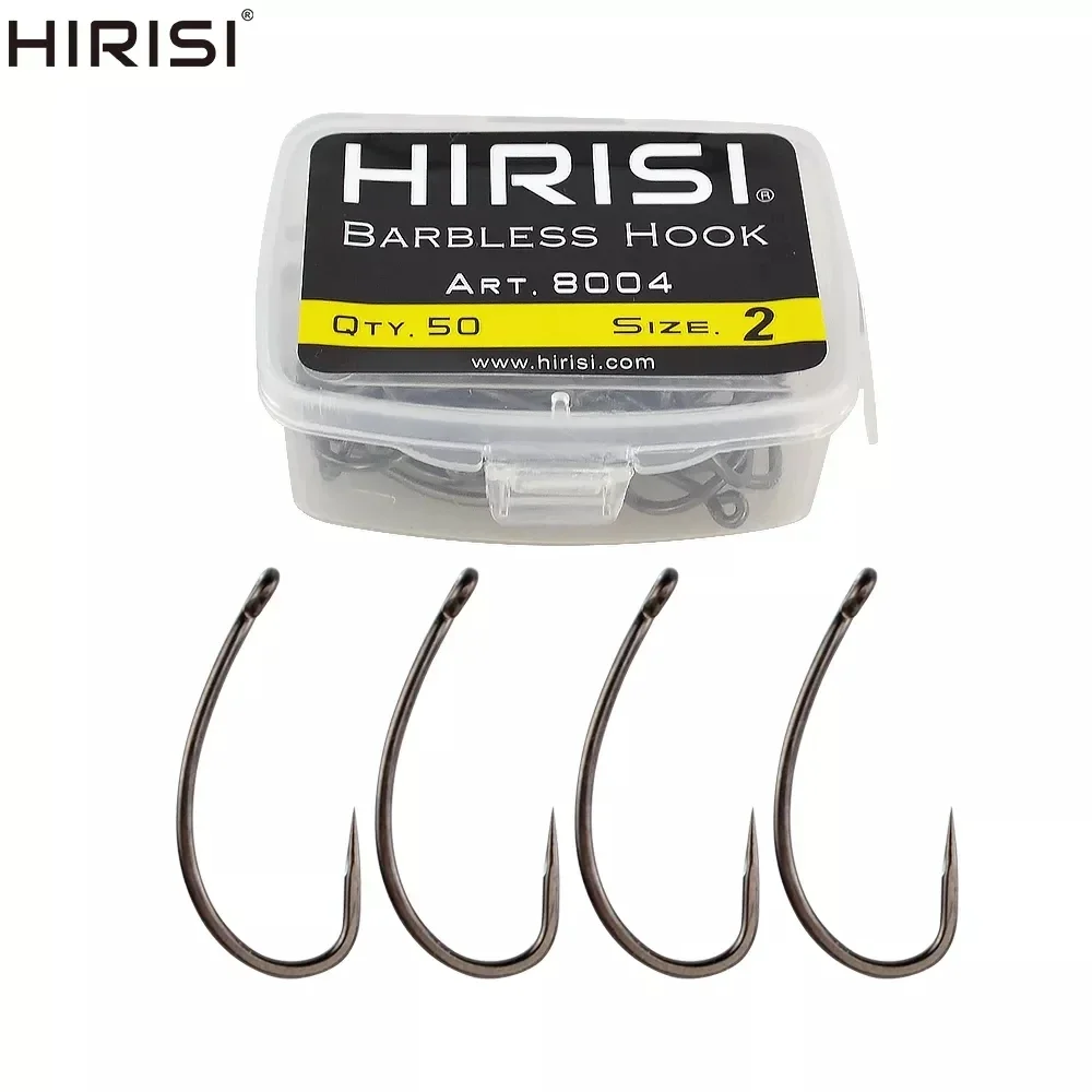 Hirisi 50pcs Carp Fishing Hook Coating Barbless Non-barb Fishhooks High Carbon Steel 8004