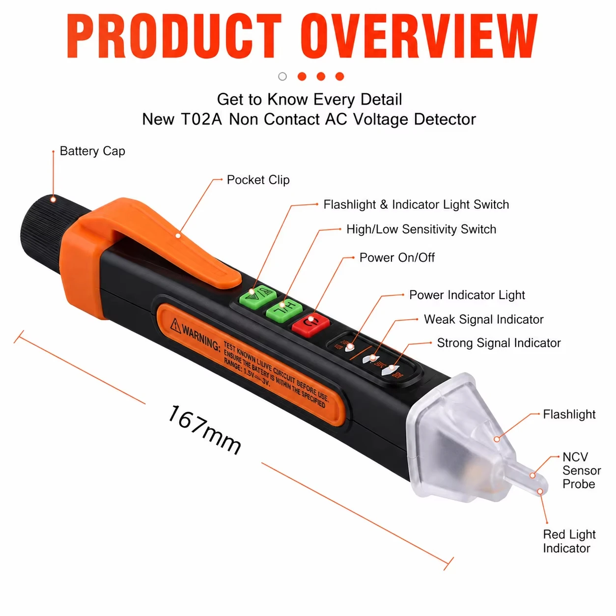 HoldPeak Non-Contact Voltage Tester Pen High/Low Sensitivity Laser Flashlight Audible/Visual Alarm 12-1000V CAT III 1000V CE